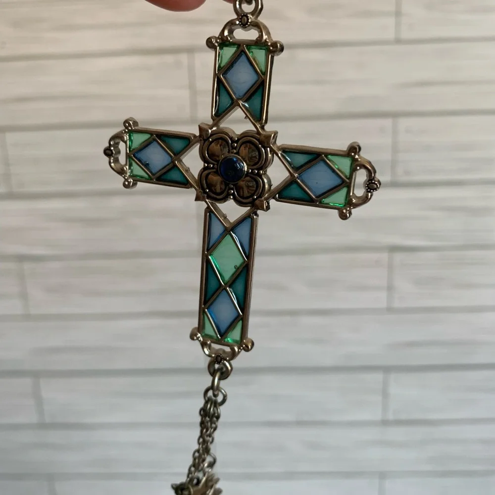 -Inspired Green and Blue Stained Glass Cross car mirror Hanging decor - Picture 2 of 2